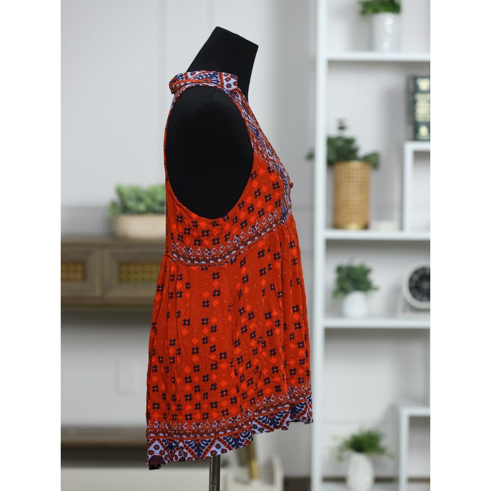 Free People Boho Tunic Dress Medium Red Paisley Printed Mini Collar Button Front - Picture 7 of 14